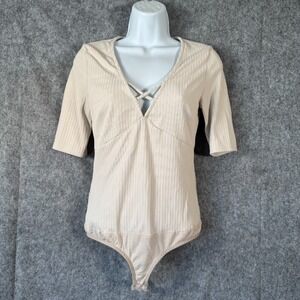 Vintage BEBE Ribbed Bodysuit Cross Front Size‎ Medium Beige Y2K USA Made Shirt
